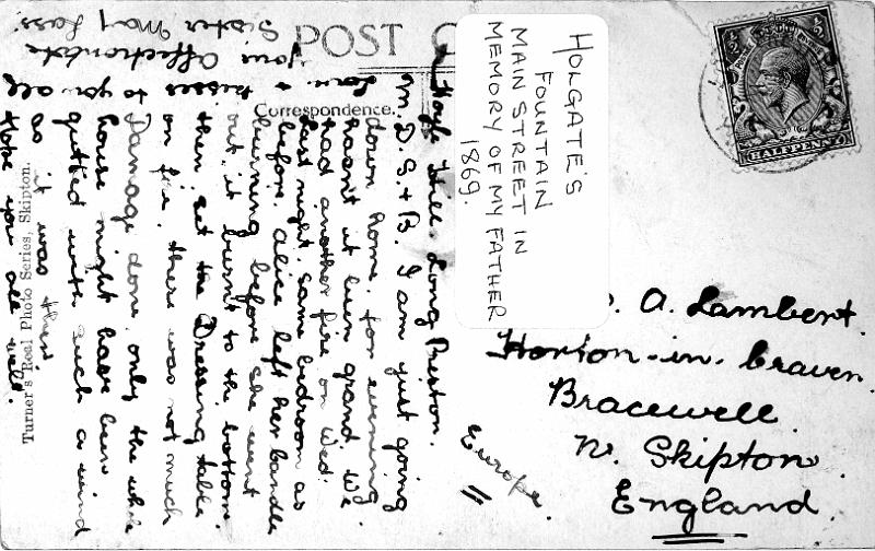 Reverse of Fountain.jpg - Showing the reverse of  the previous image,  which is a postcard of Holgates Memorial Fountain.